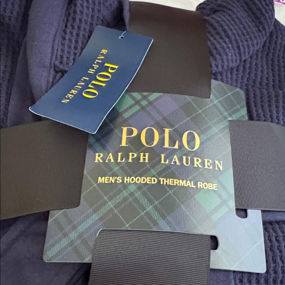 Polo Ralph Lauren Mens Thermal Hooded Robe Navy Size S/M Waffle Knit Print NWT - Picture 4 of 7